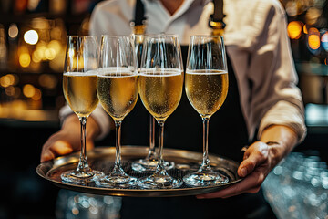 A bartender's hand carefully carries a tray laden with sparkling champagne flutes, each filled with golden liquid, promising an elegant evening.