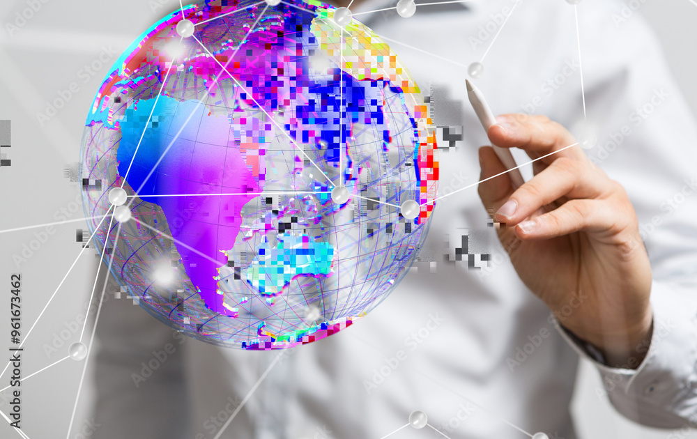 Poster Neural network 3D illustration. Big data and cybersecurity