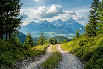 A Winding Path Through the Majestic Bavarian Alps, Leading Towards a Breathtaking Mountain View Under a Sky Adorned with Fluffy Clouds.