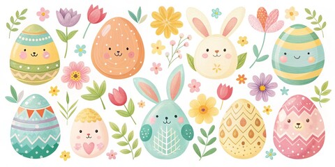 Easter icon vector illustrations whimsical spring free style watercolor colors bright pastel soft texture happy mood celebration concept holidays