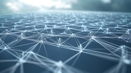 Obraz premium Close-up of cloud computing network with detailed lines and nodes, ultra-sharp focus, solid grey-blue background