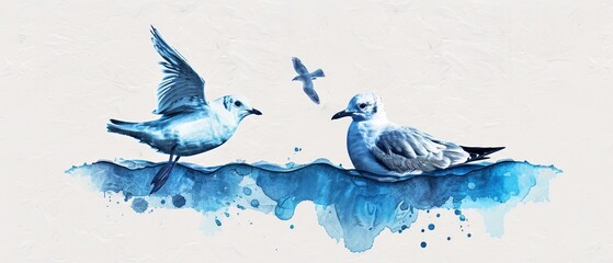  Two birds perch atop a crested wave, a third flies alongside them