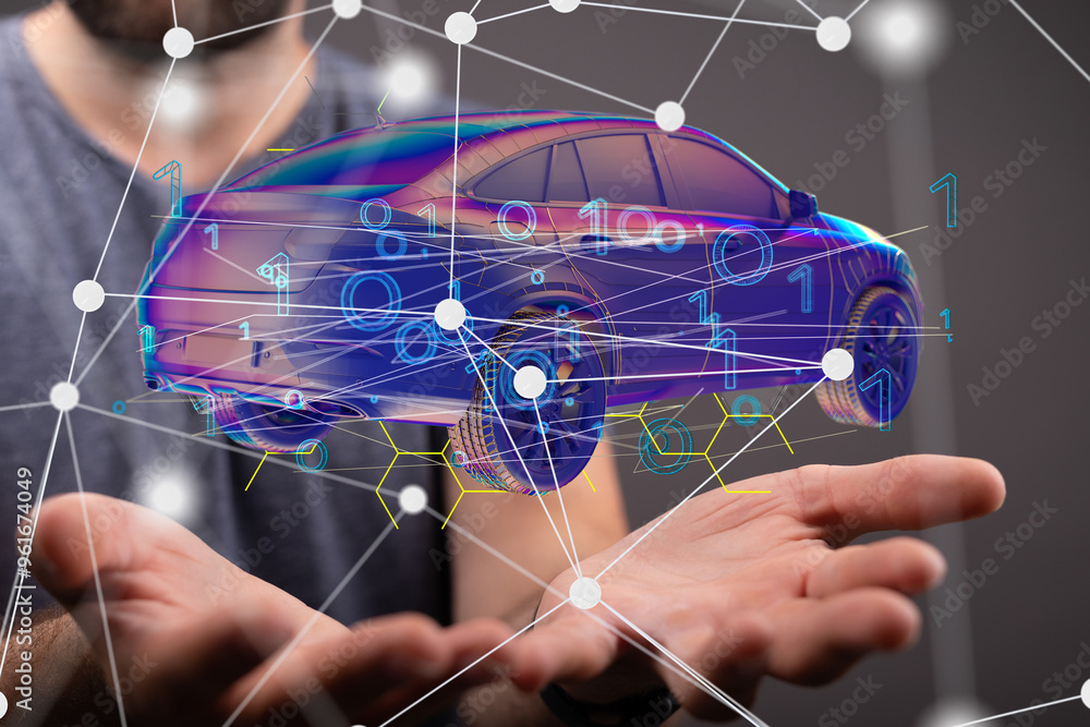Poster Autonomous car with HUD graphic of Navigation system driving