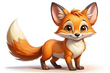 Obraz premium A playful, orange fox cartoon character stands with perky ears and a bushy tail, its curious face tilted