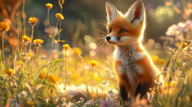 Adorable fox cub with soft orange fur, playfully exploring a sunlit meadow, surrounded by wildflowers and tall grass