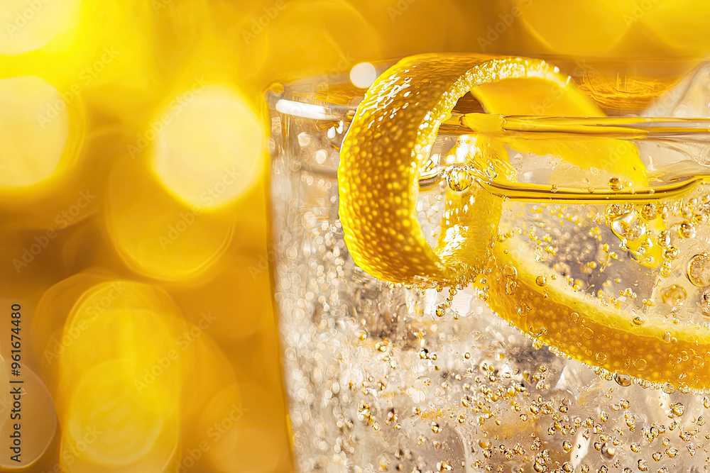 Aufkleber a close-up of a refreshing sparkling drink with a lemon twist, capturing the effervescence and vibra