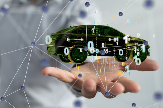 Autonomous car with HUD graphic of Navigation system driving