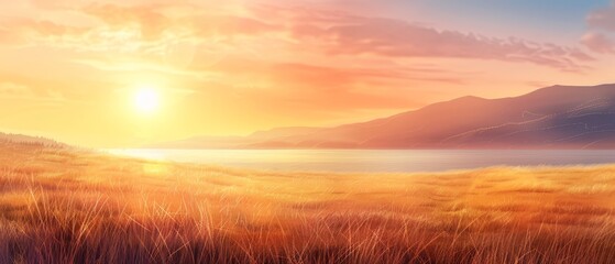 Obraz premium A sunset painting over a water body, mountains in the background, and grass in the foreground