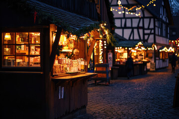 Naklejka premium A magical German Christmas market, illuminated with twinkling lights, inviting you to enjoy the festive atmosphere and browse the stalls.