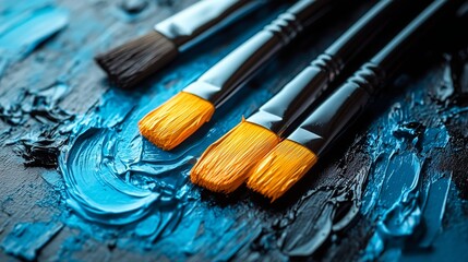 Obraz premium A close-up view of artist's paintbrushes with vivid yellow bristles dipped in bold blue acrylic paint against a textured background smeared with the same blue paint.