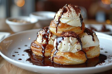 Profiteroles A stack of Profiteroles filled with vanilla ice cream and topped with a generous drizzle of chocolate sauce