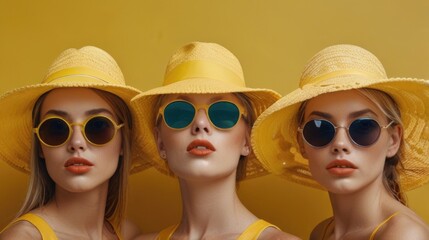 Some girlfriends in cool swimsuits, sunglasses, and hats isolated on a yellow background