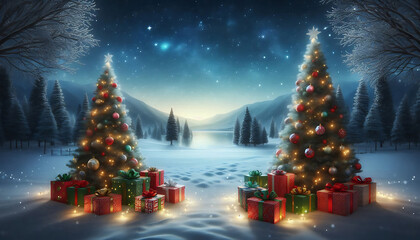 Obraz premium A winter landscape featuring two decorated evergreen trees adorned with ornaments and twinkling lights positioned on either side of a snowy scene