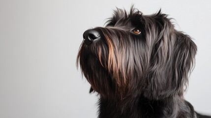 A close-up portrait of a black dog with a thoughtful expression.