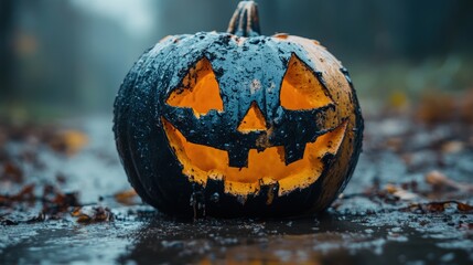 A black pumpkin Halloween jack-o-lantern with glowing eyes and mouth standing on a wet, leaf-strewn path, surrounded by moody atmospheric surroundings