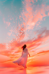 Fototapeta premium A woman is standing on a beach at sunset, wearing a white dress