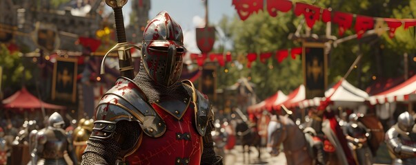 Medieval knight in red armor at a lively renaissance fair, surrounded by tents, banners, and fellow knights in the midst of a historical reenactment.