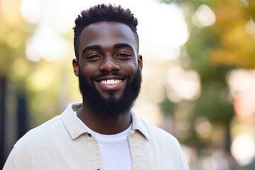Fototapeta premium Handsome happy African American bearded man. Portrait of cheerful young man standing outdoors and smiling at camera. Positive emotion concept of male person. Generation z guy look carefree, ai