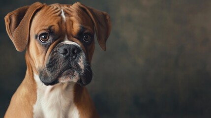 Fototapeta premium A close-up portrait of a brown and white Boxer dog with expressive eyes.