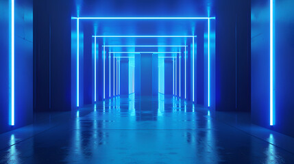 Sci Fy neon glowing lamps in a dark corridor Reflections on the floor and walls Empty background,Illuminating Rectangular Reflecting Floor 4k uhd 3d  background,A dark hall 
