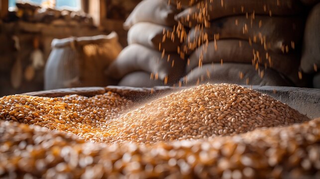 A pile of wheat grains inside a rustic storage facility with more grains falling on top.
