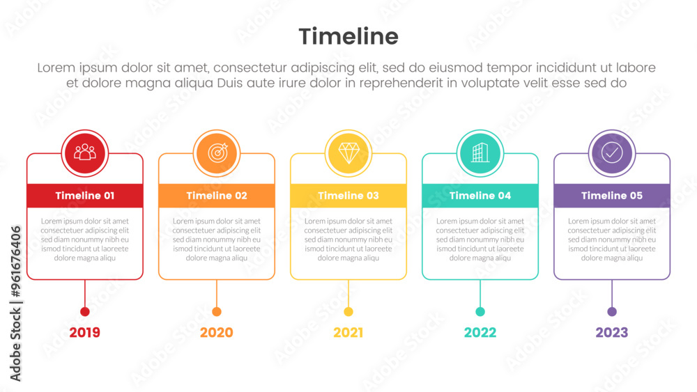 Poster timeline set of point infographic with outline box with circle badge on top with 5 point for slide p