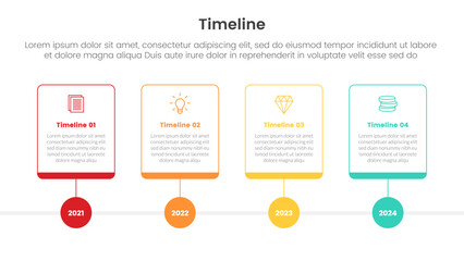 timeline set of point infographic with outline box and circle years on bottom with 4 point for slide presentation template