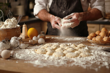 Fototapeta premium A Baker's Touch: Dusting Dough with Flour for a Perfect Bake
