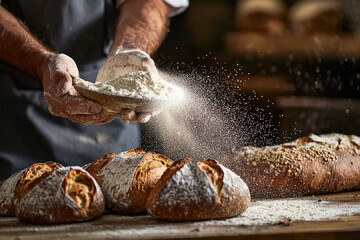 Artisan Baker Dusted Freshly Baked Bread with Flour, Creating a Whirlwind of White Powder in a Warm Bakery Setting.
