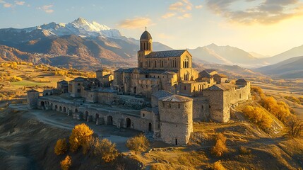 Fototapeta premium Majestic medieval monastery surrounded by autumn landscapes and mountains.