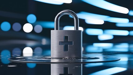 Metal padlock is displayed on a surface, symbolizing the importance of data security in healthcare. Metallic padlock Security concept. medical data security and privacy padlock on digital background