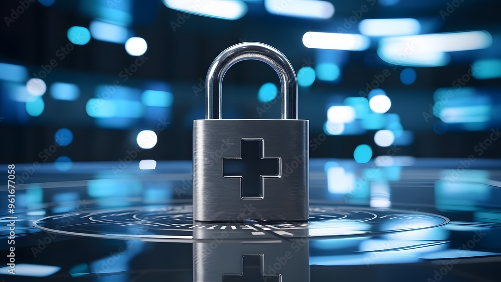 Poster metal padlock is displayed on a surface, symbolizing the importance of data security in healthcare. 