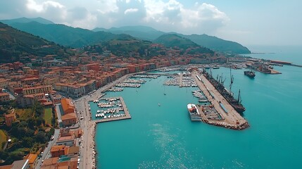Aerial view of a picturesque coastal town with vibrant blue waters and boats.
