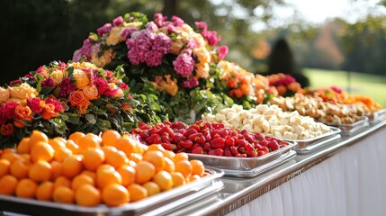 Fototapeta premium A beautifully arranged outdoor buffet table with an assortment of colorful fruits alongside vibrant floral decorations set in a scenic garden