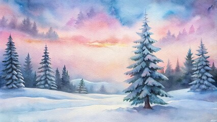 Watercolor painting of snow-covered pine trees at dusk, tranquil mood, representing winter beauty, against a colorful sky background with copy space