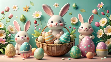 Obraz premium Easter themed poster with whimsical illustrations and pastel shades