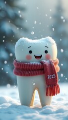 Cute Cartoon Tooth with Happy Expression Wearing Red Scarf in Snowy Winter Scene