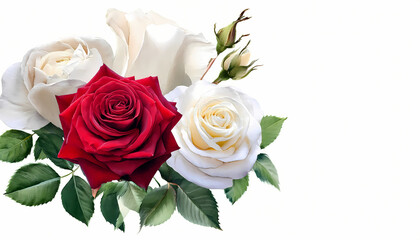 bouquet of white roses, and dark red rose close up; romantic fashion wedding card, watercolor, isolated on white background