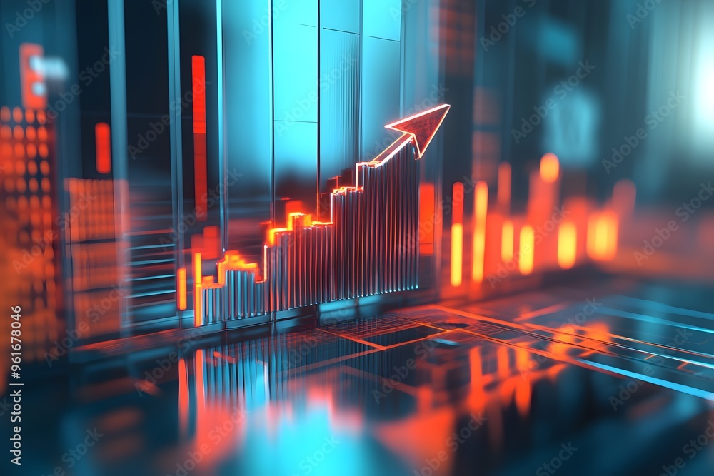 Poster ascending bar graph with red arrow on shiny surface