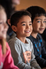 Fr&ouml;hliche, diverse Schulkinder im Unterricht. Multikulturelle Klasse, positive Lernatmosph&auml;re. Inklusion, Bildung. Authentische Interaktion. Heller Klassenraum. Lifestyle, Zukunft