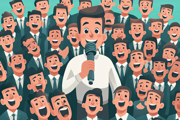 A charismatic speaker captivates a sea of smiling faces with his words. The energy is palpable, and the crowd's enthusiasm is contagious.