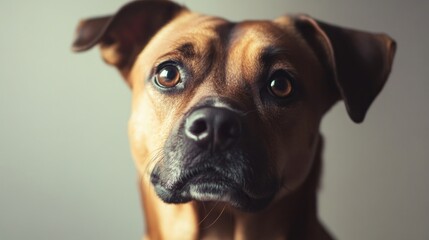 A close-up portrait of a brown dog with expressive eyes.