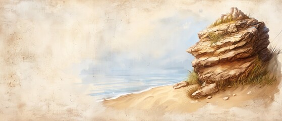  A painting of a beachrock outcropping, green grass crowning its peak