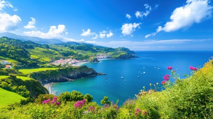 Obraz premium Azores Coastline with Lush Green Cliffs and Blue Ocean