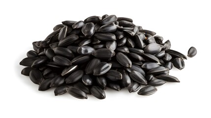 Pile of black sunflower seeds. Perfect for food-related advertising banners, showcasing the natural texture and healthy snack concept. Healthy snacks, and nutritional concepts in commercial designs