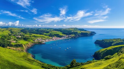 Fototapeta premium Coastal Village Azores Portugal Scenic Bay with Boats and Lush Green Hills