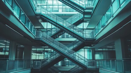 Fototapeta premium A labyrinth of interconnecting staircases in a corporate office, with each staircase leading to a different department or opportunity