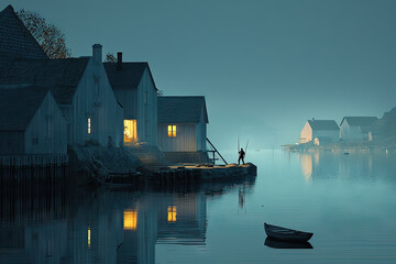 Fototapeta premium A lone fisherman stands silhouetted against the dawn sky, casting a line in the tranquil waters of a serene fishing village.
