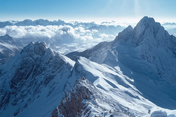 Obraz premium A Breathtaking View of the Zugspitze, Germany's Highest Peak, Bathed in Sunlight and Cloaked in Snow
