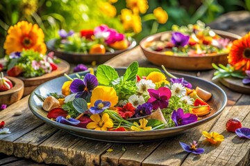 edible flowers garden to table cooking concept